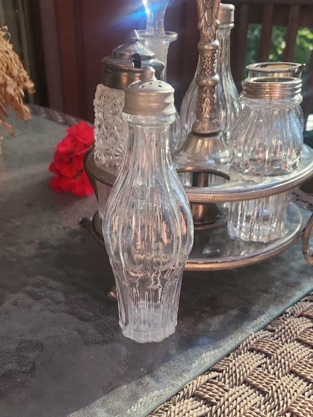 Vintage Silver Condiment Carousel with Clear Glass Bottles - Picture 5 of 16